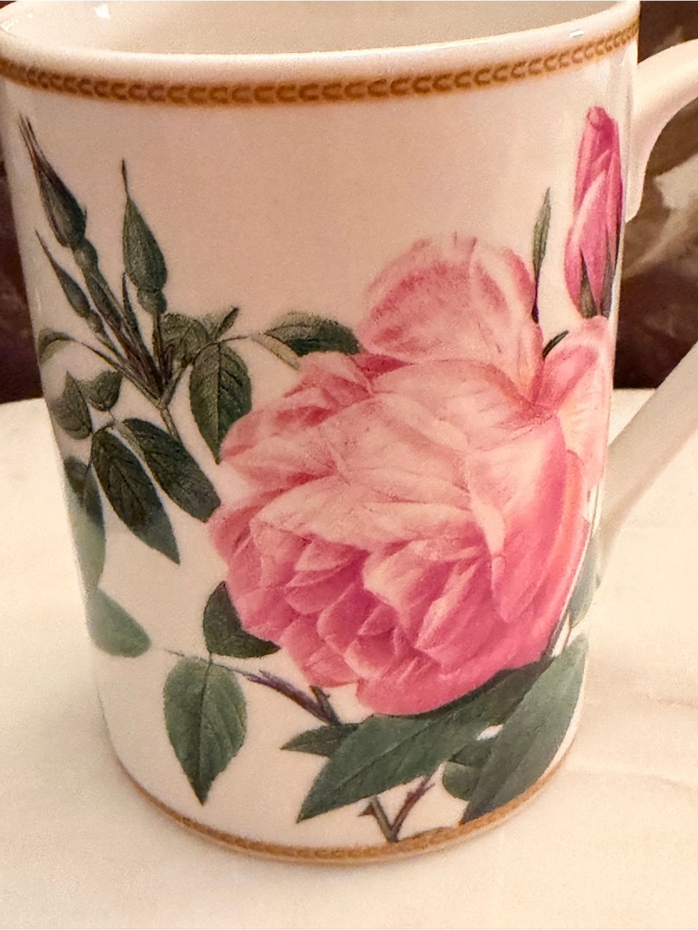 I. Godinger & Co. Pink Rose Ceramic Mug w/Gold Trim (No chips or cracks/2 bumps) - Picture 4 of 10
